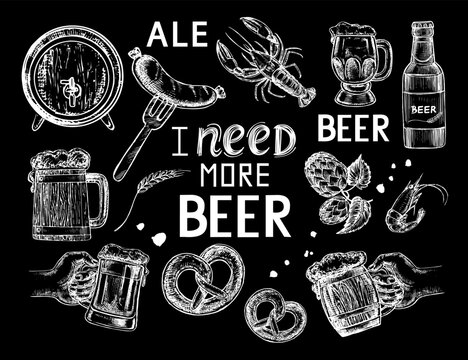 Vector illustration sketch beer collection on black chalkboard. Oktoberfest