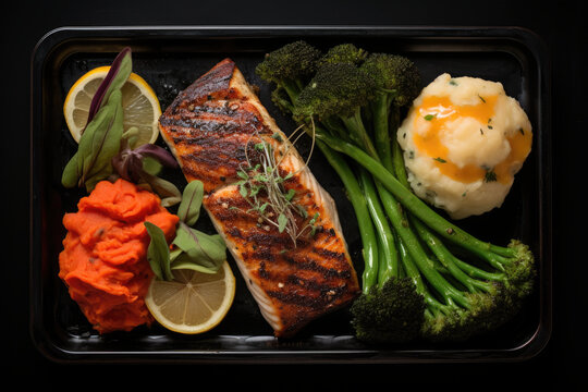 A meal of salmon, broccoli, mashed potatoes and carrots. Digital image. Premade meal.
