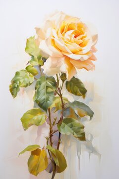 A painting of a yellow rose on a white background. Digital image.