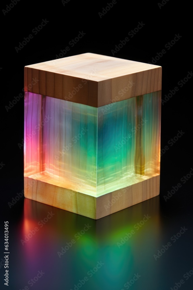 Poster a wooden cube with a colorful light inside. digital image.