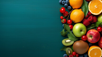 beautiful set with fruits and berries on a turquoise wooden table with an empty place to insert. Generative Ai.