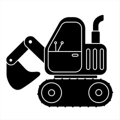 Excavator Logo Design. Flat Construction Vehicle Vector Illustration. Icon Style With Black Outline Of Heavy Equipment. Icon For Web, Mobile Apps And UI