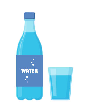 Glass and bottle of water. Drink more water concept. Vector illustration.