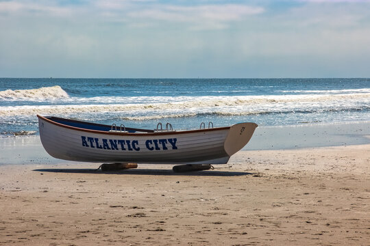 Lifeguard Boat on Sandy Beach in Atlantic City