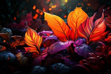 Vibrant leaf design shines in shadowy room, a burst of color and intrigue Generative AI
