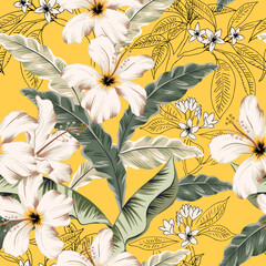 White hibiscus, plumeria flowers, green palm leaves, yellow background. Vector floral seamless pattern. Tropical illustration. Exotic plants. Summer beach design. Paradise nature