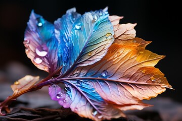 Vibrant leaf rests on a surface, showcasing rainbow hues in natural illumination Generative AI