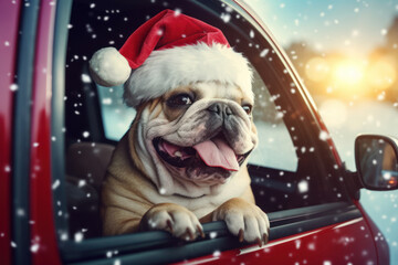 A happy bulldog wearing a Santa Claus hat leaning out of a car window. Its tongue flutters in the wind along with snowflakes on her joyous Christmas journey.