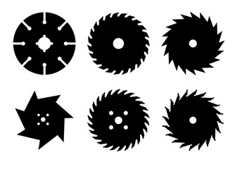 Circular saw blade. Silhouette of metal disc for woodwork. Round carpentry tool icons. Industrial rotary wheels.Vector