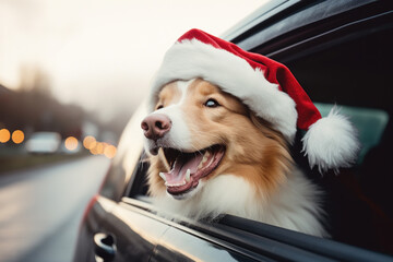 A happy dog wearing a Santa Claus hat leaning out of a car window. Christmas journey of friendly pet. - obrazy, fototapety, plakaty
