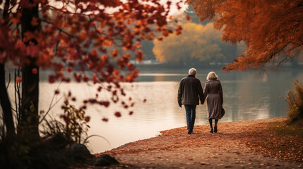 couple walking in the park by a lake in autumn
