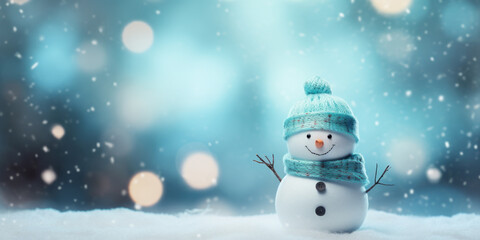 Fototapeta premium Happy snowman on blue blurry winter background with copy space and bokeh lights. Merry Christmas and Happy New Year backdrop.