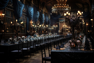 Fototapeta na wymiar Masquerade ball with a Gothic touch and elegantly dressed, masked and mysterious characters