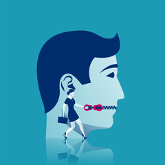 Woman closes mouth to man. Mouth with zipper. Lips on lock. Vector illustration flat design. Not conversations. Symbol of silence. Violation of an individual's rights. Silence against.