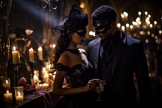 Masquerade ball with a Gothic touch and elegantly dressed, masked and mysterious characters