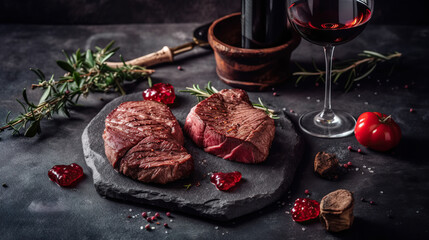 Dinner for two .Various degrees of roasted beef steak in the shape of a heart with spices and bottles of red wine with glasses on a stone background. valentines day celebration concept - obrazy, fototapety, plakaty