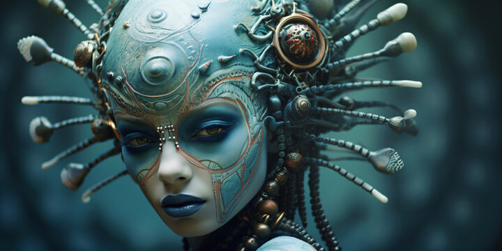 surreal woman with crazy alien headdress
