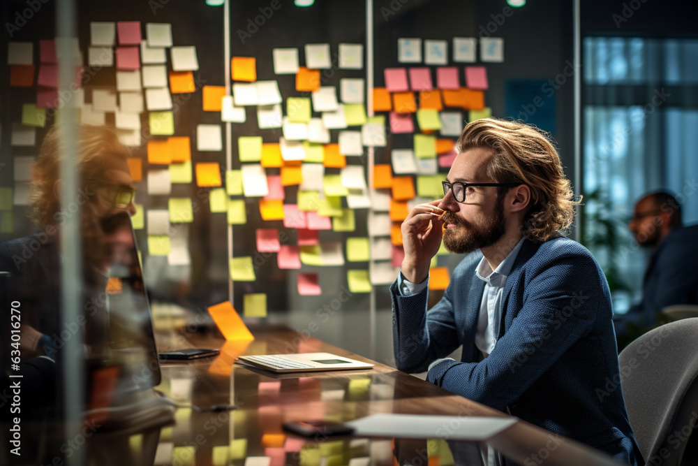 Poster a candid shot of an office worker participating actively in a brainstorming session, contributing in