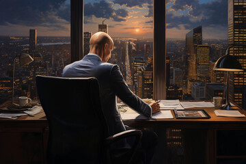 A portrait of the office worker against the backdrop of a city view visible through the office window 