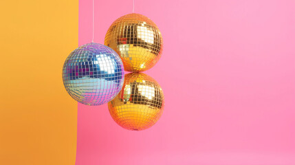 Playful and lively illustration showcasing a party mood, as small disco balls come together on a mesmerizing colorful gradient pastel background, creating a vibrant and energetic scene.