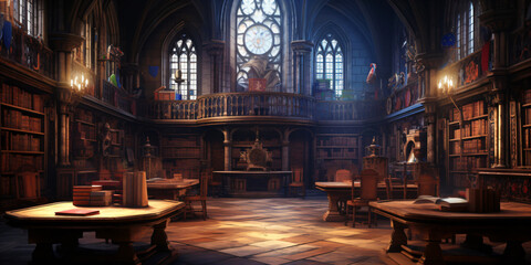 Fototapeta na wymiar medieval library, gothic reading room interior with desks, old mysterious castle with big windows