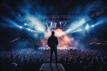 At a concert, there is a man who is standing in front of the crowd - obrazy, fototapety, plakaty