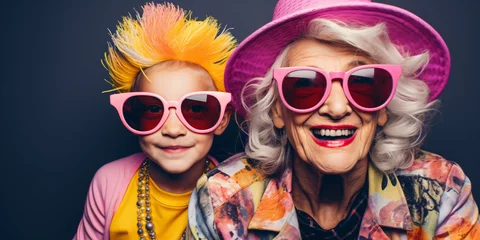 Poster cool old grandmother with hat and grandson, crazy colorful lifestyle concept © overrust
