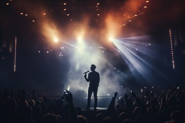 At a concert, there is a man who is standing in front of the crowd