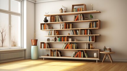 Bookshelves with adjustable shelves, interior. Created using Generative AI technology.