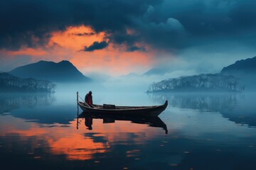 Reflections of Solitude: Boat's Tranquil Journey Across the Lake, Distinctive Ripples in Focus Generative AI