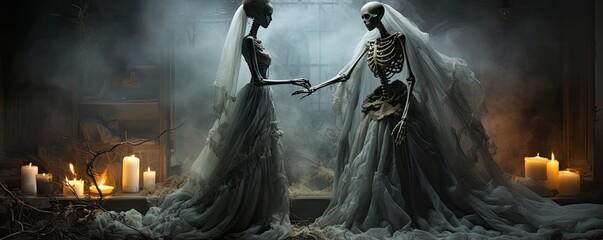 Wedding couple in medieval costumes with vampire style make up standing in the dark, Halloween theme.