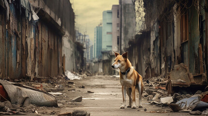 Fototapety  distopic image of an abandoned dog, al alley dog in a urban street 
