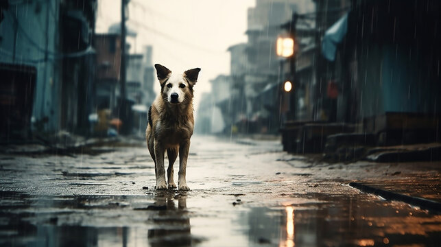 distopic image of an abandoned dog, al alley dog in a urban street 