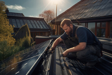 A  technician installing solar cells on the roof of a house