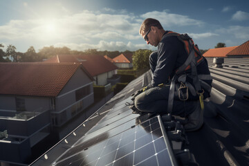 of a technician installing solar cells on the roof of a house