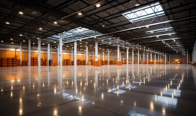 Obraz premium Huge distribution warehouse. Empty logistic warehouse.Industrial building or modern factory for manufacturing production plant or large warehouse, 