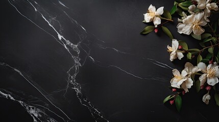 A stunning contrast of a dark marble backdrop with a delicate and minimal floral arrangement, offering an attractive negative copy space for your text or logo. Jewellers card, voucher. Generative AI. 