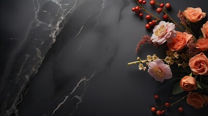 A tasteful arrangement of minimalistic flowers on a dark marble backdrop, offering an elegant and captivating space for text. Celebration card, wallpaper, voucher, menu, congratulation. Generative AI