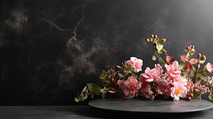 Unique jewellers floral card. An alluring composition featuring a delicate floral arrangement on a dark marble background, presenting an elegant space for your promotional content. Generative AI. 
