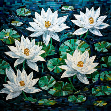 Stained glass with a water landscape, Lotus flowers against the background of the pond