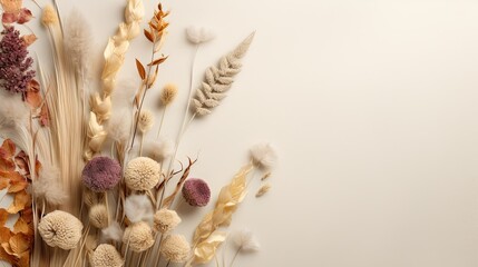 An exquisite top view composition showcasing an artful display of dried blooms and colored grasses in an unconventional color scheme, accompanied by soft shadow overlays. Generative AI. 