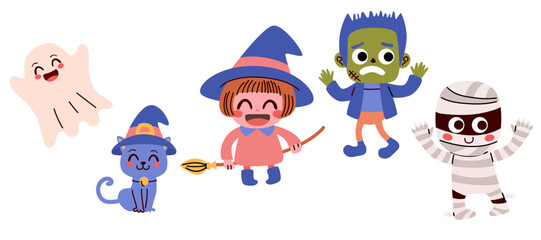 Vector illustration set of cute Halloween characters. Ghost, cat, with, monster and mummy kawaii costumes