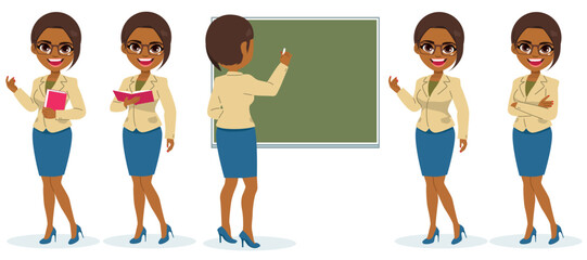 Vector illustration of female teacher on different poses. Woman working, holding book, writing on blackboard, gesturing and with arms crossed mascot character ready back to school