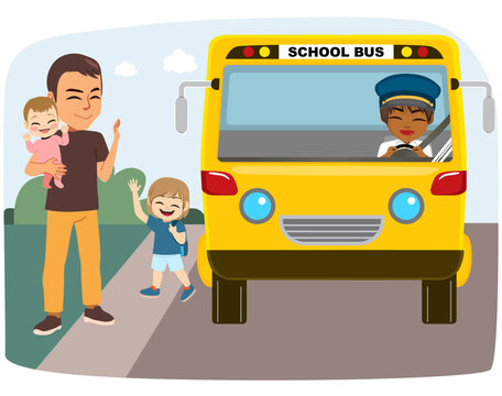 Vector illustration of young adult father saying goodbye to son holding little baby girl. Small kid taking bus waving dad and sister going back to school