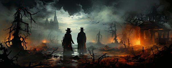 Wedding couple in medieval costumes with vampire style make up standing in the dark, Halloween theme.