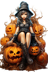 Halloween pumpkin with fairy girl seating on top clip art in cartoon style