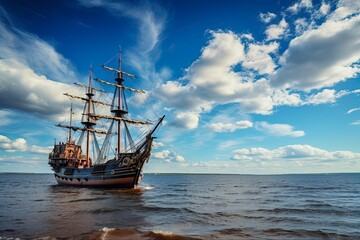 Fototapeta na wymiar Adventure on the Baltic Sea: Classic Pirate Galleon Ship Sailing through Blue Waters amidst Clouds and Coastline. Generative AI