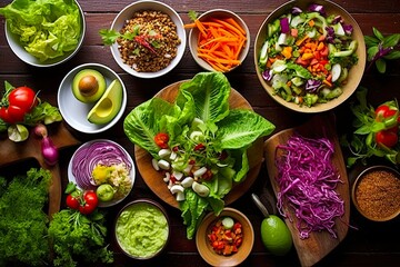 Fototapeta na wymiar Nutritious Lunch Table Scene with Healthy Vegetarian and Vegan Options - Buddha Bowl, Lettuce Wraps, and More, on a Fresh Vegetable Background. Generative AI