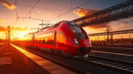 Obraz premium Red Commuter Train at Beautiful Sunset Railway Station. Modern Transportation Industry Motion on Railroad Platform. Generative AI