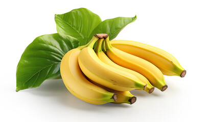 Bunch of bananas with green leaves on a white background.